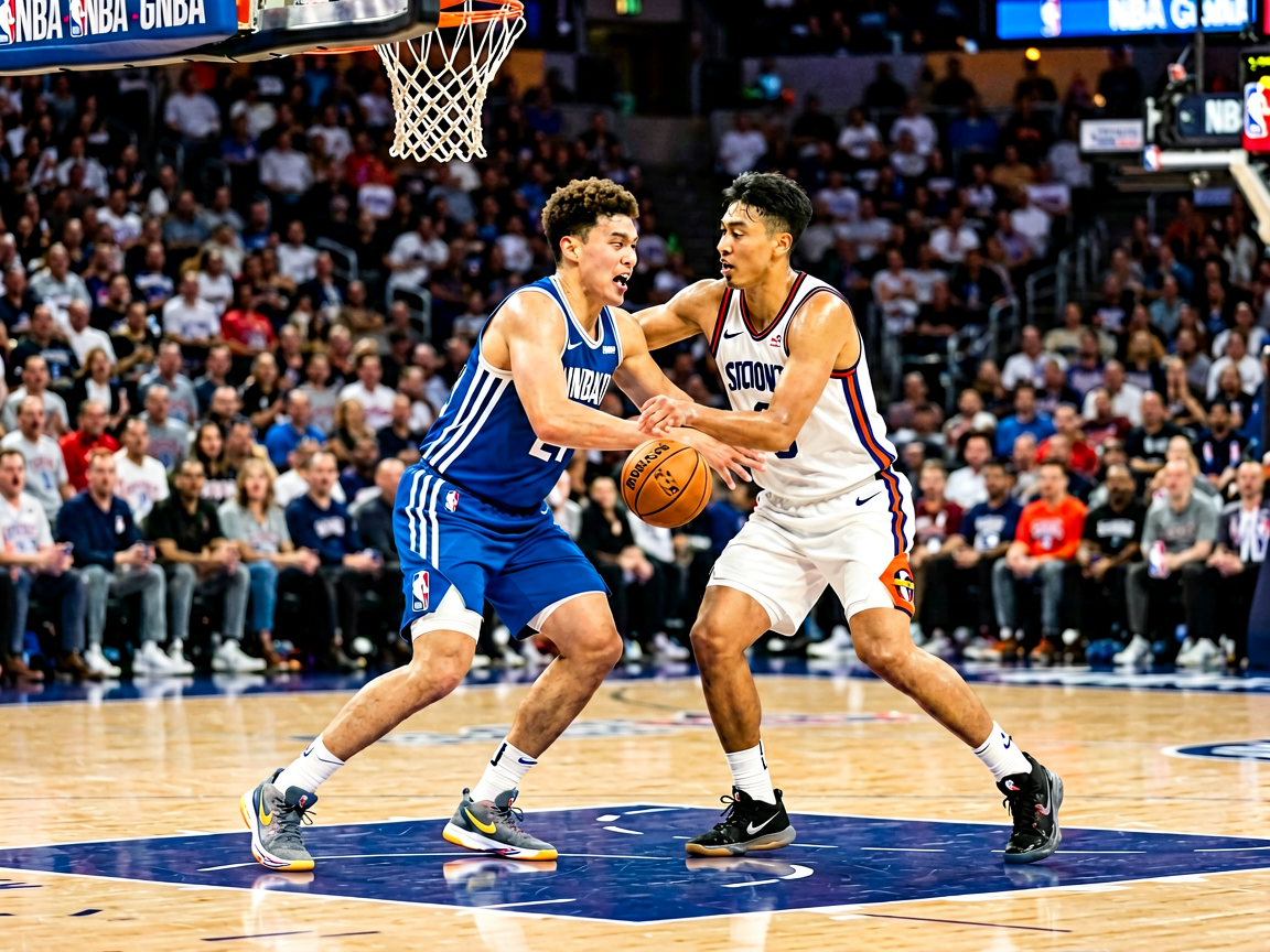 NBA篮球比赛现场，球员在球场激烈对抗的瞬间