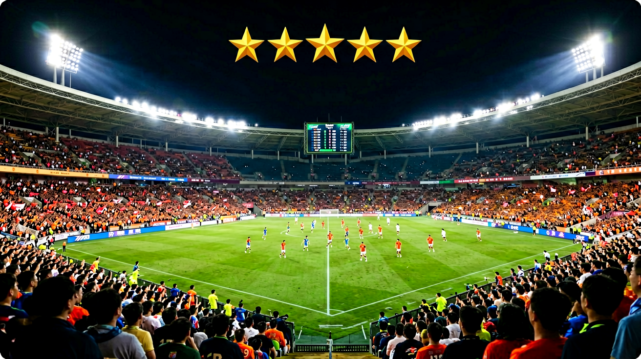 夜间体育场灯光下的足球比赛现场，展示赛事直播氛围